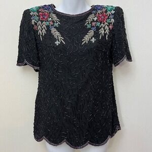 Vintage Leslie‎ Fay  new york floral beaded sequin Silk blouse shoulder pads Med